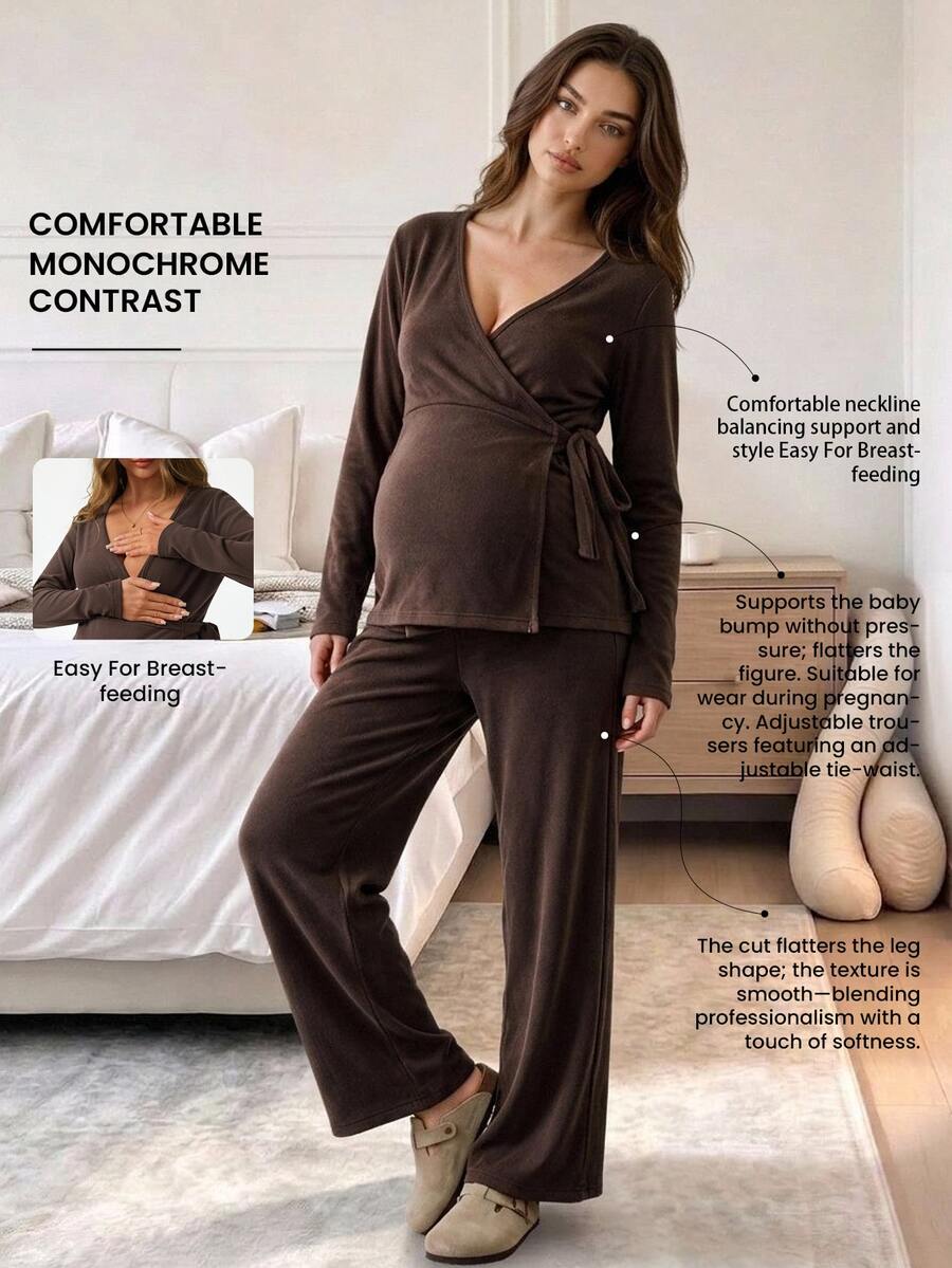Modmama Maternity Nursing Solid Color Side Knot Long Sleeve T-Shirt And Adjustable Waist Long Pants Casual 2 Pieces Set Fall Ladies Winter Housecoat - Brown - View 1