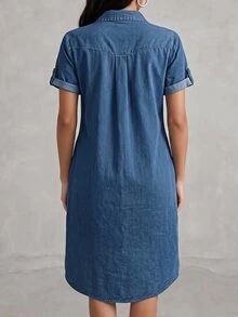 LUMIGAL Plus Size Women's Collared Casual Daily Summer Denim Dress - Medium Wash - View 2