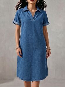 LUMIGAL Plus Size Women's Collared Casual Daily Summer Denim Dress - Medium Wash - View 1