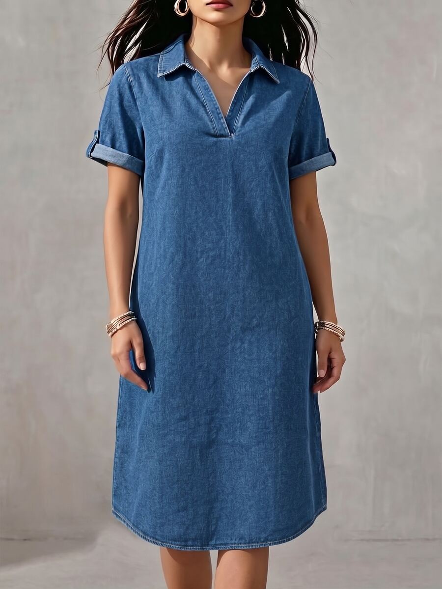 LUMIGAL Plus Size Women's Collared Casual Daily Summer Denim Dress - Medium Wash - View 1