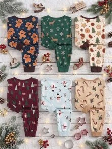 SHEIN Young Boy Cartoon Pattern Knitted Soft Crew Neck Long Sleeve Pullover Top Elastic Waist Slim Fit Long Pants 2pcs Set, Suitable For Autumn/Winter Christmas Halloween New Year Gift - Navy Blue - View 10