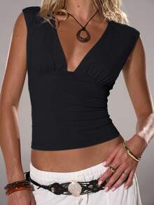 TRNVIE Women Deep V Neck Fitted Casual Tank Top, Spring/Summer - Black - View 3