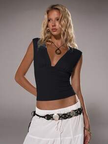 TRNVIE Women Deep V Neck Fitted Casual Tank Top, Spring/Summer - Black - View 7