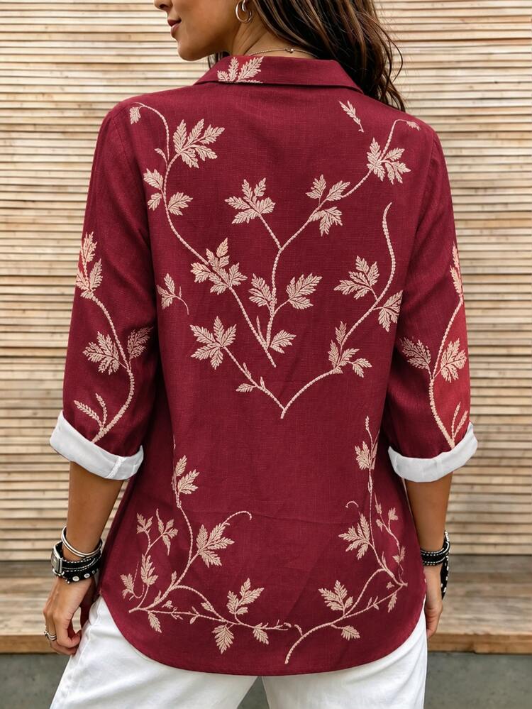 Breezaya Casual Fashion Versatile Women's Plant Pattern Button Half-Placket Top - Multicolor - View 2