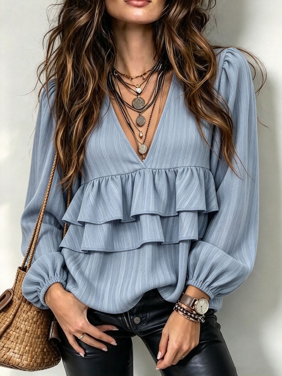 SHEIN Women's Elegant V-Neck Ruffle Long Sleeve Loose Casual Blouse For Commuting And Daily Wear - Blue - View 1