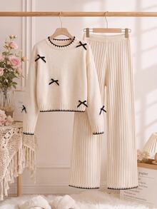 SHEIN Kids Tween Girl Bow Decor Long Sleeve Autumn Top And Long Pants Knit Set - Apricot - View 2