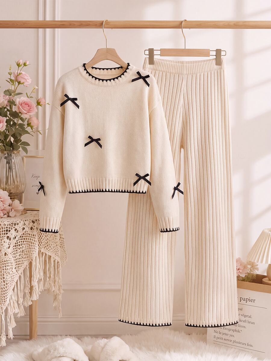 SHEIN Kids Tween Girl Bow Decor Long Sleeve Autumn Top And Long Pants Knit Set - Apricot - View 1