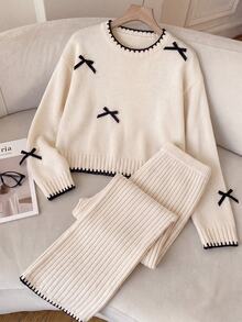 SHEIN Kids Tween Girl Bow Decor Long Sleeve Autumn Top And Long Pants Knit Set - Apricot - View 1