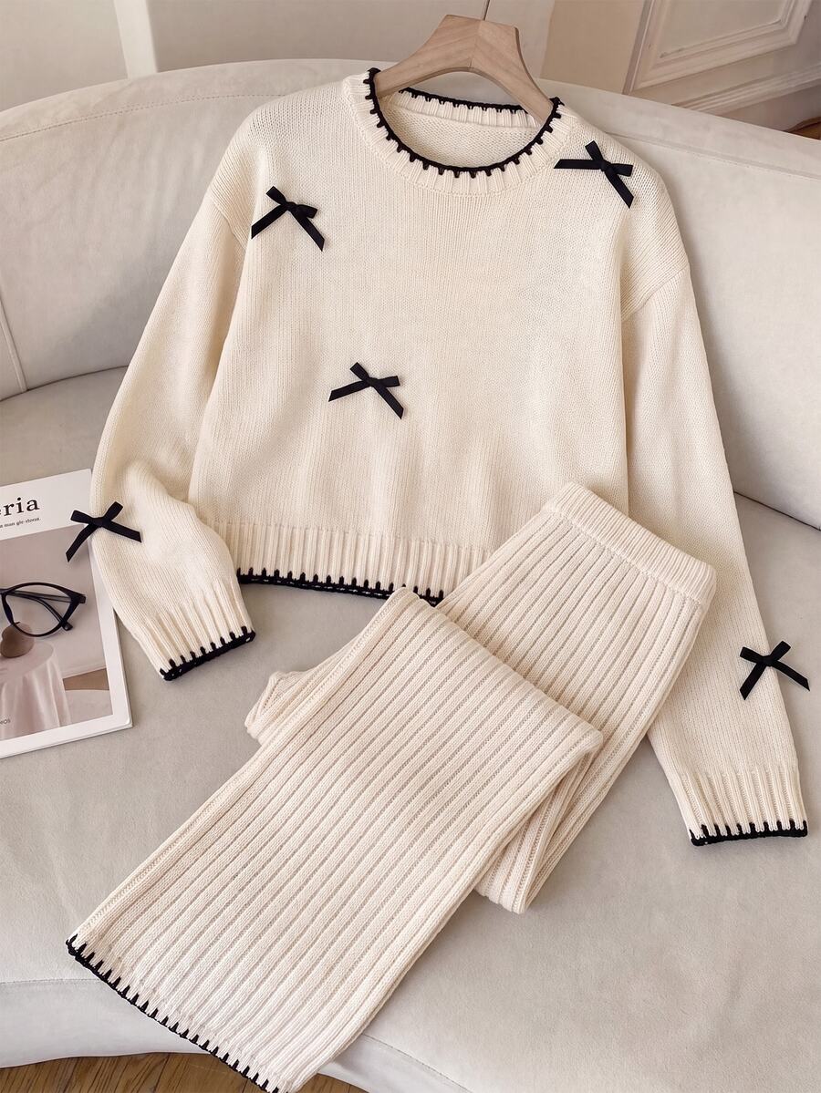 SHEIN Kids Tween Girl Bow Decor Long Sleeve Autumn Top And Long Pants Knit Set - Apricot - View 1