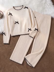 SHEIN Kids Tween Girl Bow Decor Long Sleeve Autumn Top And Long Pants Knit Set - Apricot - View 3