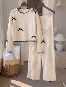 SHEIN Kids Tween Girl Bow Decor Long Sleeve Autumn Top And Long Pants Knit Set - Apricot - View 4