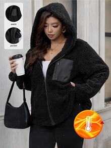 SHEIN Clasi Plus Size Women's Solid Color Casual Smart Baggy Elegant Versatile Daily Wear Hooded Jacket Autumn Holiday Going Out Club Vacation Black - Black - View 3