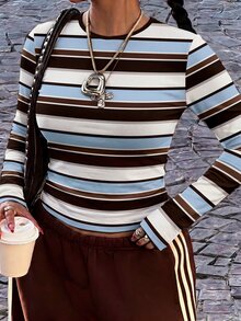 Muchica Women's Casual Minimalist Retro Brown Striped Plus Size T-Shirt, Autumn Style - Multicolor - View 6