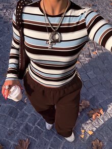 Muchica Women's Casual Minimalist Retro Brown Striped Plus Size T-Shirt, Autumn Style - Multicolor - View 4