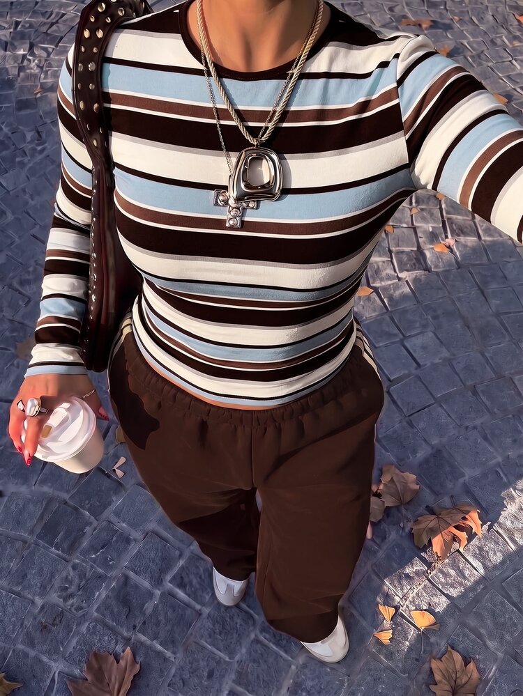 Muchica Women's Casual Minimalist Retro Brown Striped Plus Size T-Shirt, Autumn Style - Multicolor - View 4