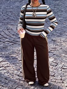 Muchica Women's Casual Minimalist Retro Brown Striped Plus Size T-Shirt, Autumn Style - Multicolor - View 5