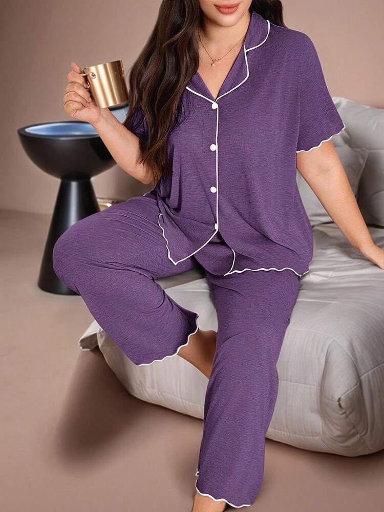 Lazeform Casual Loose Frill Trim Super Soft Drapey Lightweight Summer Knit Khaki Fabric Plus Size Frill Trim Short Sleeve Pants Set Purple PJS Lounge Wear Set - Purple - View 5