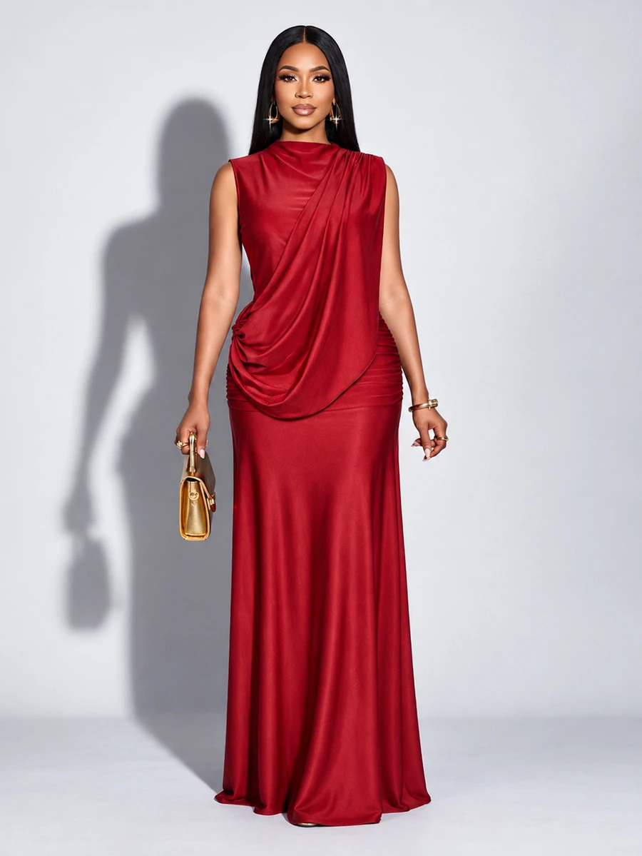 SOLERSUN Women's Summer/ Party Dinner Night Dress, Dark Red Shiny Fabric, High Neck, Sleeveless, Backless, Ribbon Decor, Ruched Hip, Extra Long Elegant