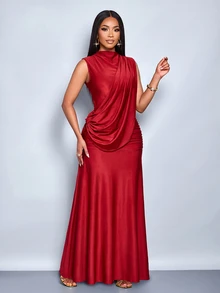 SOLERSUN Women's Summer/ Party Dinner Night Dress, Dark Red Shiny Fabric, High Neck, Sleeveless, Backless, Ribbon Decor, Ruched Hip, Extra Long Elegant - Burgundy - View 9