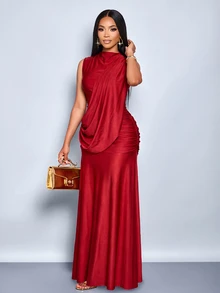 SOLERSUN Women's Summer/ Party Dinner Night Dress, Dark Red Shiny Fabric, High Neck, Sleeveless, Backless, Ribbon Decor, Ruched Hip, Extra Long Elegant - Burgundy - View 6