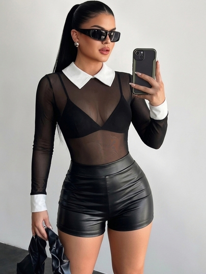SHEIN SXY Contrast Collar Sheer Mesh Top Without Bra