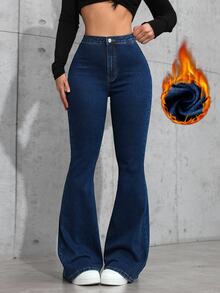 INAWLY Women's Button Casual Sexy Versatile Daily Wear Night Out Club Flare Denim Jeans Dark Blue Winter - Dark Wash - View 4