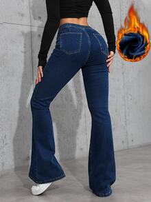 INAWLY Women's Button Casual Sexy Versatile Daily Wear Night Out Club Flare Denim Jeans Dark Blue Winter - Dark Wash - View 2