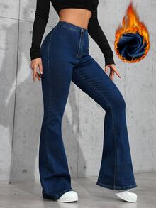 INAWLY Women's Button Casual Sexy Versatile Daily Wear Night Out Club Flare Denim Jeans Dark Blue Winter - Dark Wash - View 5
