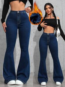 INAWLY Women's Button Casual Sexy Versatile Daily Wear Night Out Club Flare Denim Jeans Dark Blue Winter - Dark Wash - View 1
