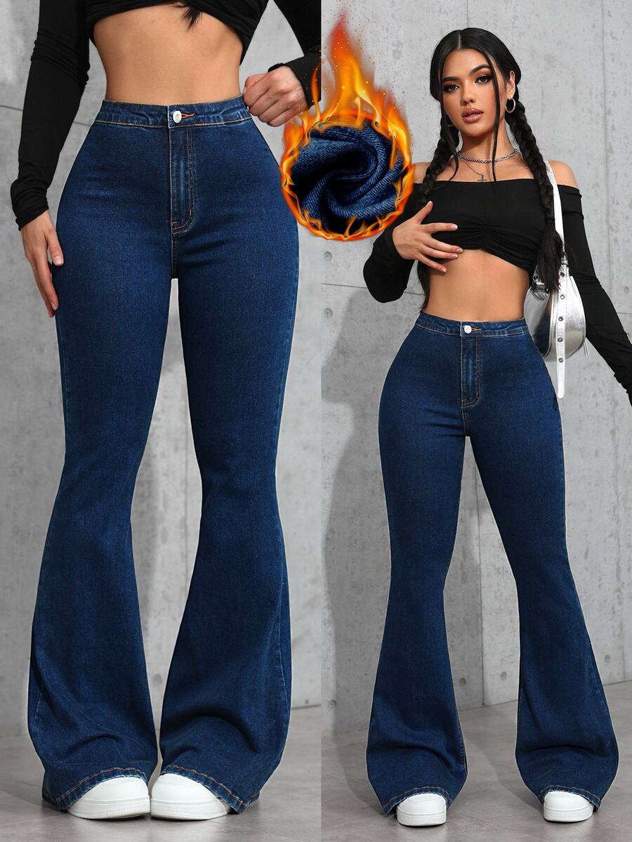 INAWLY Women's Button Casual Sexy Versatile Daily Wear Night Out Club Flare Denim Jeans Dark Blue Winter - Dark Wash - View 1
