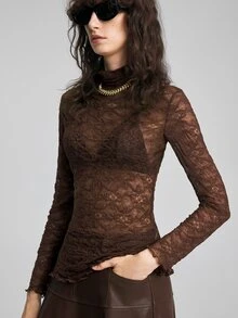 Ontre 女款立領長袖透視修身性感上衣，棕色，適合夜晚外出、約會之夜，秋季款 - 咖啡棕 - 查看 5