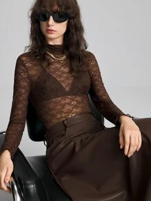 Ontre 女款立領長袖透視修身性感上衣，棕色，適合夜晚外出、約會之夜，秋季款 - 咖啡棕 - 查看 7