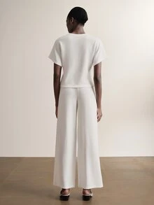 Briarwyn Women's Solid Color Casual Elegant Set, Minimalist Design Short Sleeve Top Metal Button Detail, Straight Leg Drawstring Pants Office Off White Summer - White - View 7
