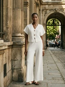 Briarwyn Women's Solid Color Casual Elegant Set, Minimalist Design Short Sleeve Top Metal Button Detail, Straight Leg Drawstring Pants Office Off White Summer - White - View 5