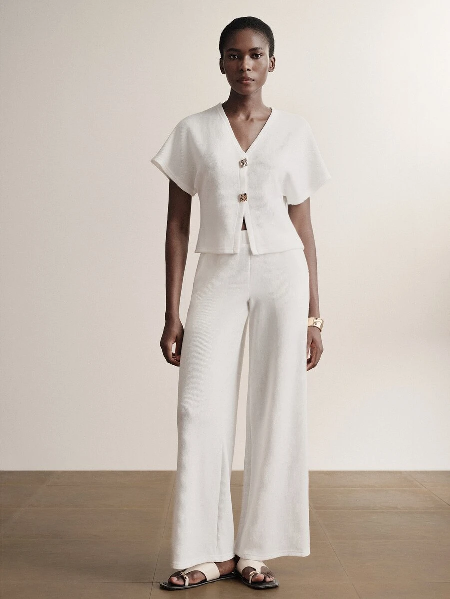 Briarwyn Women's Solid Color Casual Elegant Set, Minimalist Design Short Sleeve Top Metal Button Detail, Straight Leg Drawstring Pants Office Off White Summer - White - View 1