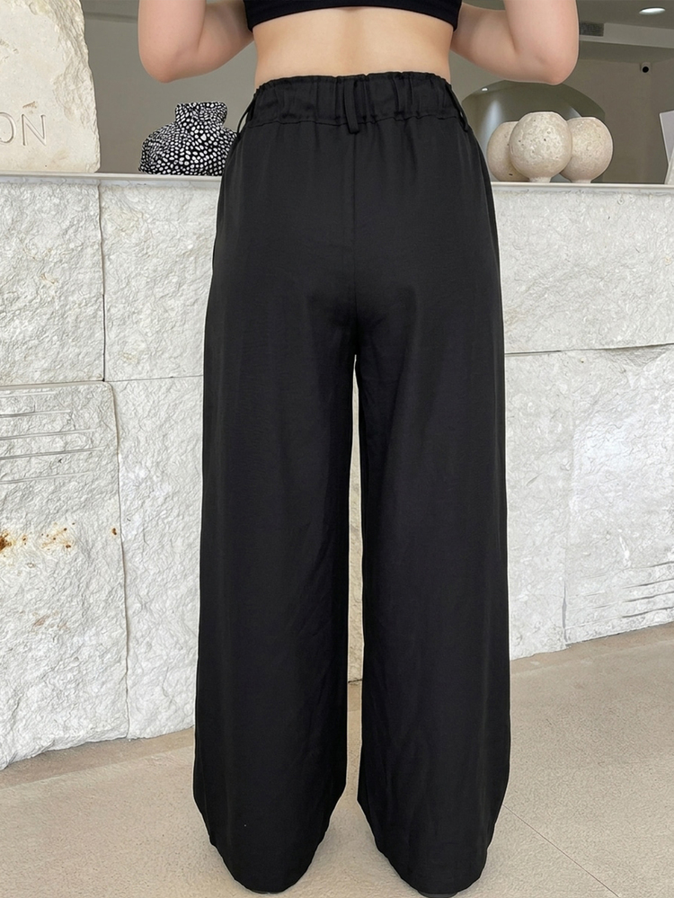 DAZY Women's Casual Daily Commute Minimalist Versatile Solid Color Knot Waist Pleated Loose Wide Leg Long Pants - Black - View 5