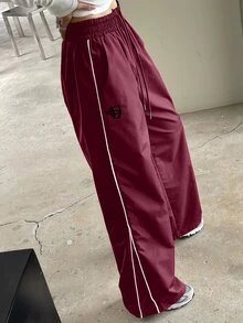 DAZY Drawstring Waist Patchwork Side Slit Wide Leg Pants Fall - Red - View 3