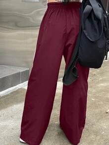 DAZY Drawstring Waist Patchwork Side Slit Wide Leg Pants Fall - Red - View 2