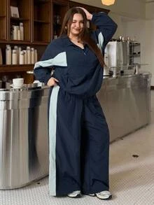 SHEIN CURVE+ 女款大尺碼 2 件套 22W，夾克 + 長褲休閒寬鬆秋冬套裝，適合秋季外出度假 - 彩色 - 查看 3