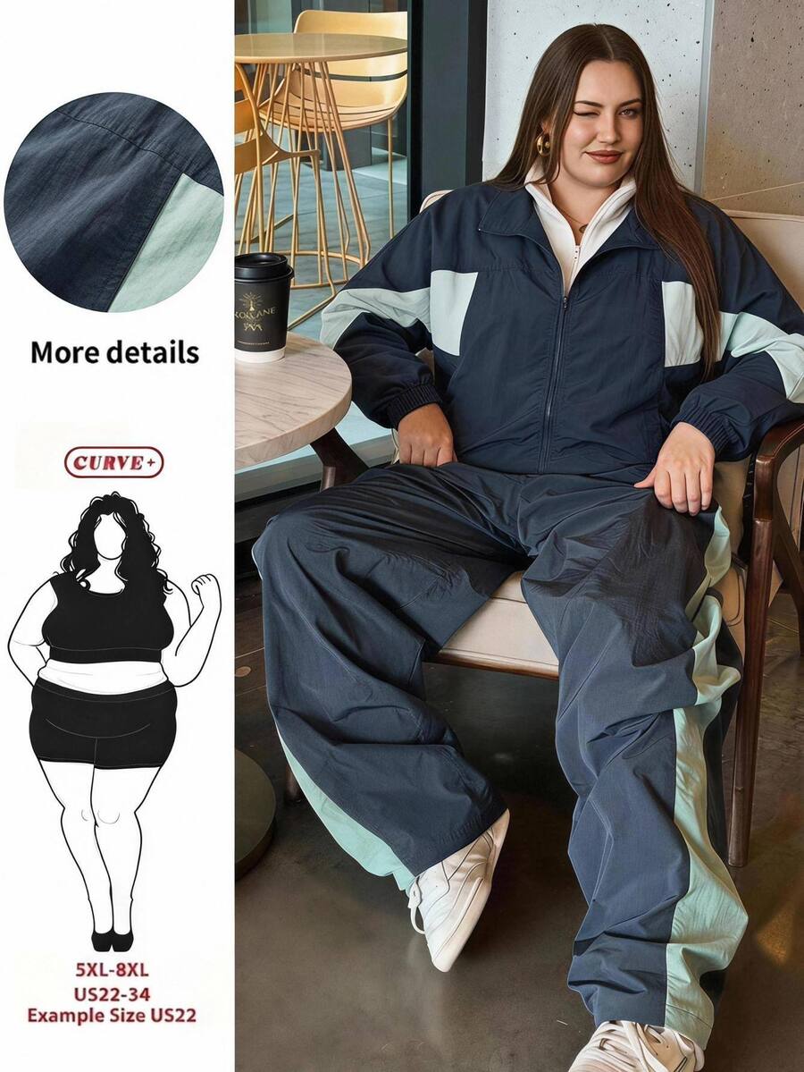 SHEIN CURVE+ 女款大尺碼 2 件套 22W,夾克 + 長褲休閒寬鬆秋冬套裝,適合秋季外出度假 - 彩色 - 查看 1