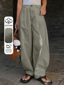 Livesso Women's Solid Color Loose Fit Straight Leg Pockets Pants, Casual Wear For Spring & Summer - Army Green - View 1