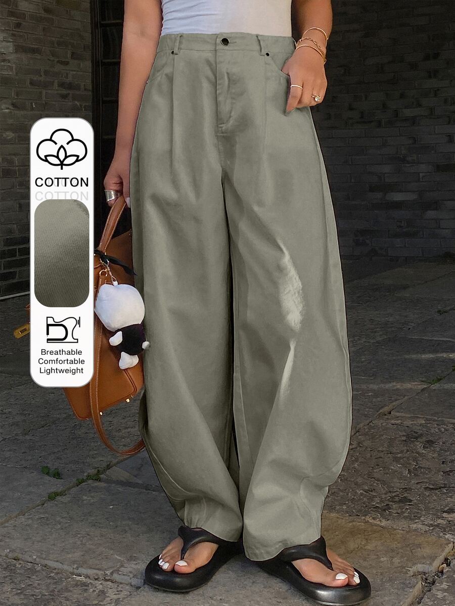 Livesso Women's Solid Color Loose Fit Straight Leg Pockets Pants, Casual Wear For Spring & Summer - Army Green - View 1