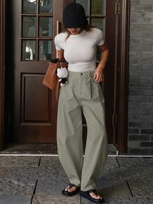 Livesso Women's Solid Color Loose Fit Straight Leg Pockets Pants, Casual Wear For Spring & Summer - Army Green - View 4