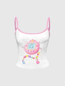 ROMWE Grunge Punk Women's Hot Girl Game Console Doll Print Camisole Tank Top - White - View 1