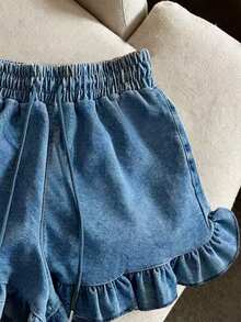 Resyla [Denim Effect] Women's Casual Ruffle Drawstring Shorts, Versatile Bottom Wear - Multicolor - View 4