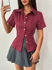 TRNVIE Women's Striped Print Buttoned Front Short Sleeve Blouse, Summer For New Year Clothes Women Shirt,Short Sleeve Tops - Red - View 6