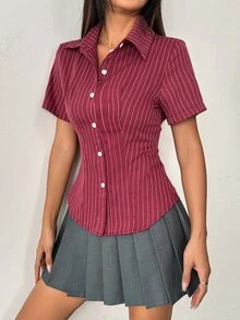 TRNVIE Women's Striped Print Buttoned Front Short Sleeve Blouse, Summer For New Year Clothes Women Shirt,Short Sleeve Tops - Red - View 3