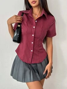 TRNVIE Women's Striped Print Buttoned Front Short Sleeve Blouse, Summer For New Year Clothes Women Shirt,Short Sleeve Tops - Red - View 4
