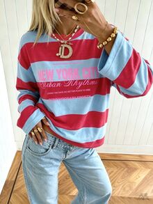 大尺碼女款秋冬基礎條紋拼色拼接圓領長袖上衣，適合返校、旅行、街頭風與休閒日常穿著 - 彩色 - 查看 3