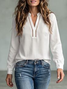 SHEIN Holidaya Women's Casual Elegant Commute Linen V-Neck Hollow Lace White Long Sleeve Blouse, Office Autumn - White - View 6